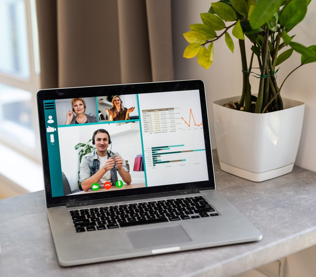 Work from home, video conferencing with coworkers due to Covid 19 pandemic lockdown. Work from home, video conferencing with coworkers due to Covid 19 pandemic lockdown